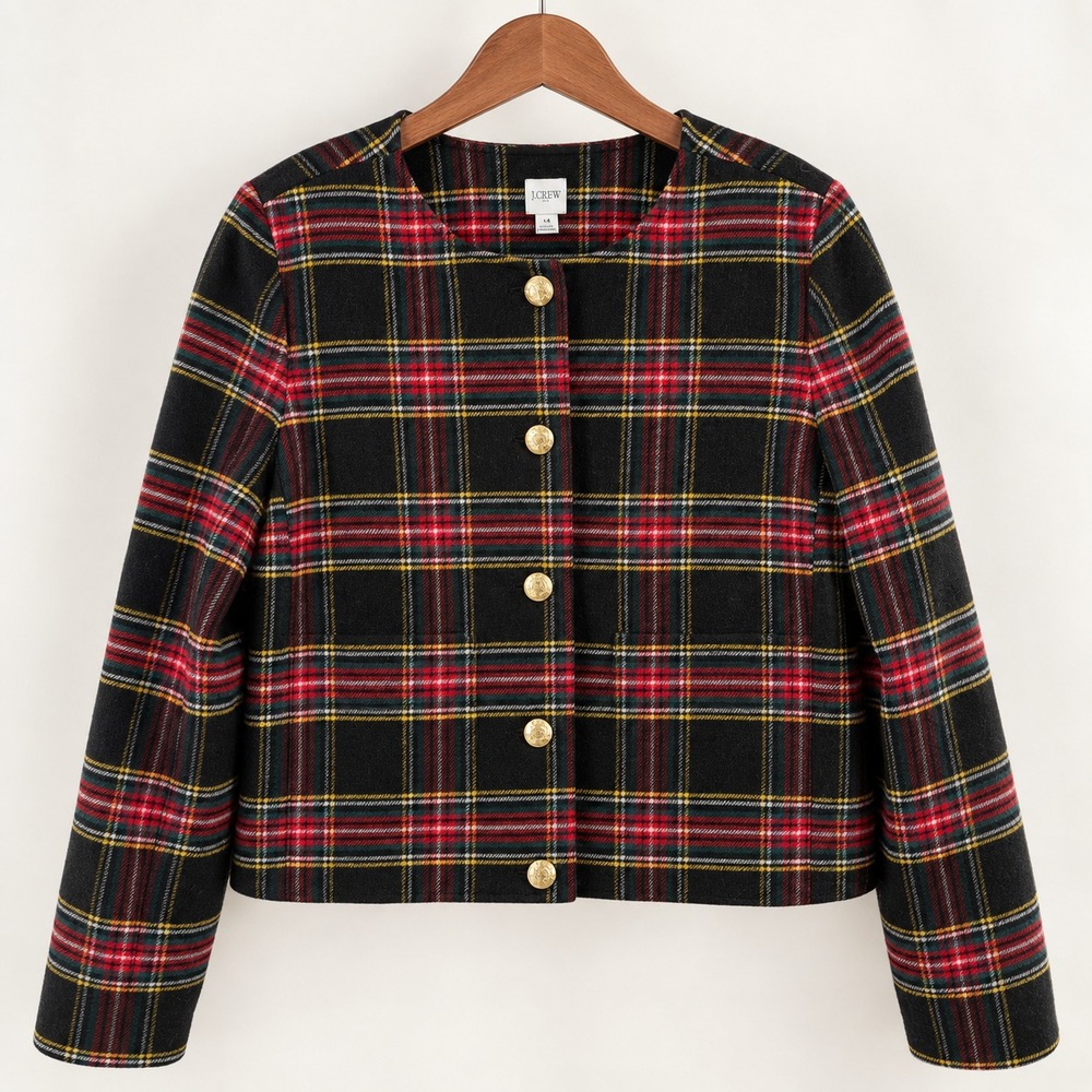 J.Crew Tartan Plaid Lady Jacket Womens 14 Black Red Gold Button Wool Blend Coat